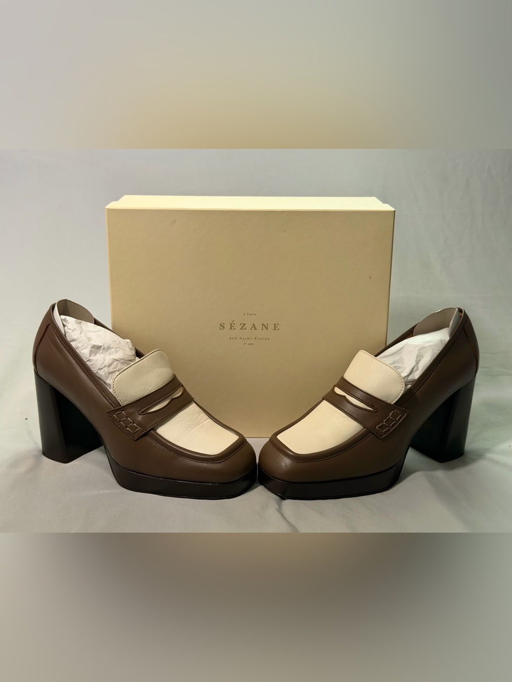 Sezane Jessie Loafers Platform Block Heel Brown Cream Leather Size 11 / 42
